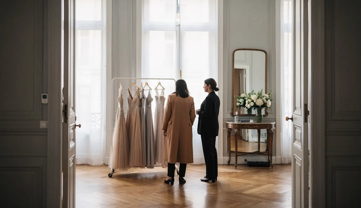 A fitting in a bright room, garments on a rail.