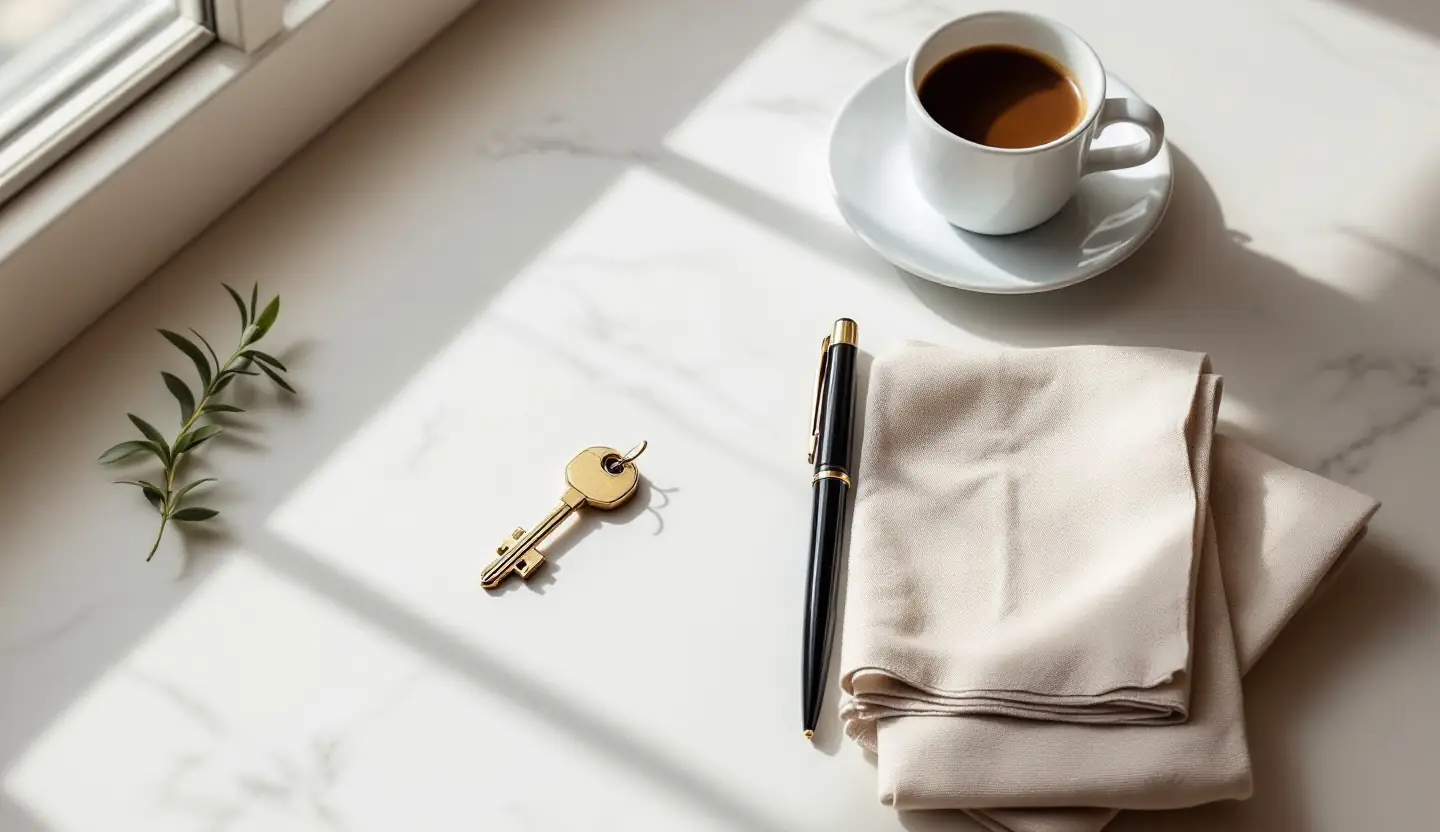 A brass key, a fountain pen and a folded linen napkin on a stone sill beside a window.