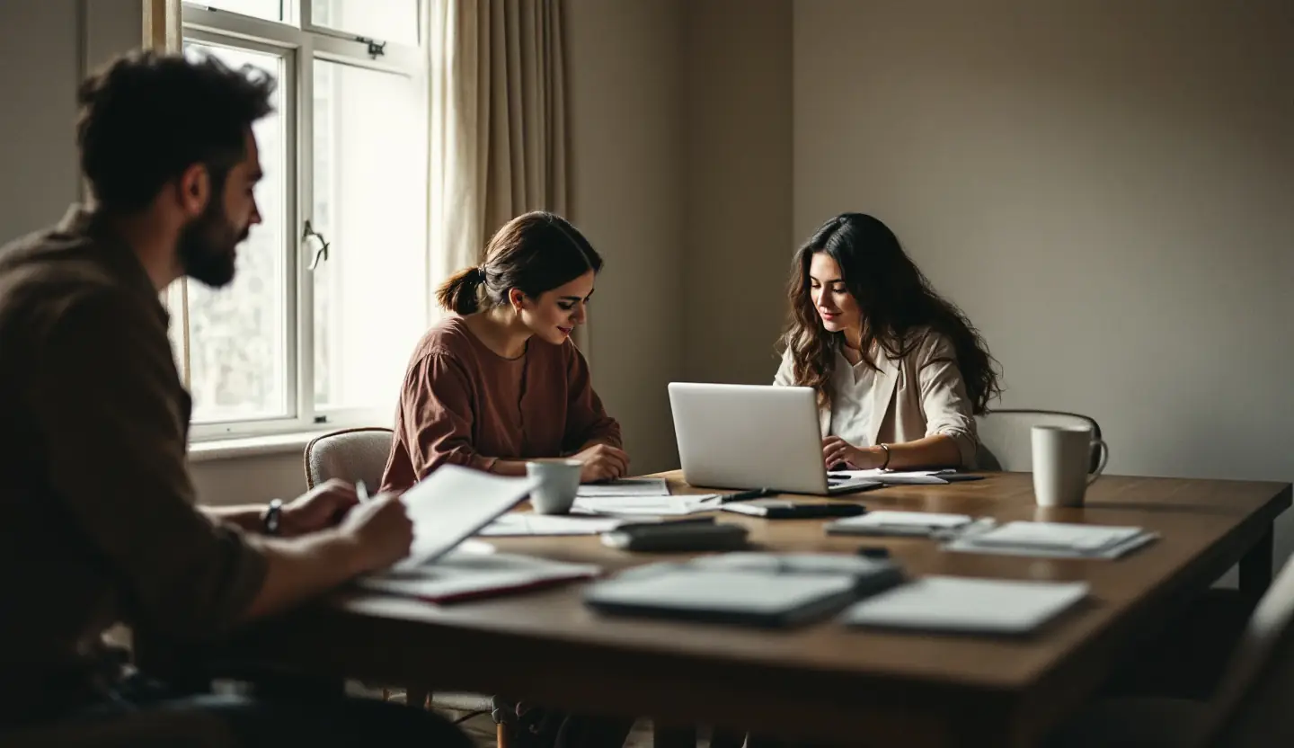 Three colleagues of a lifestyle team at a wooden table, working through itineraries.